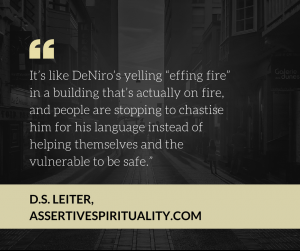 "It's like DeNiro's yelling 'effing fire' in a building that's actually on fire, and people are stopping to chastise him for his language instead of helping themselves and the vulnerable to be safe." --D.S. Leiter, AssertiveSpirituality.com