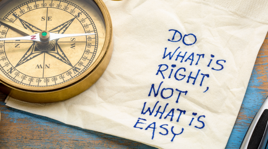 compass and napkin with the words "Do what is right, not what is easy" calling white Evangelicals to do the right thing regarding the death of RBG