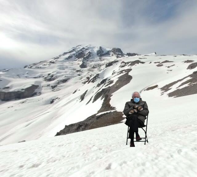 An example of #BernieMemes with Bernie Sanders sitting on Mt. Rainier