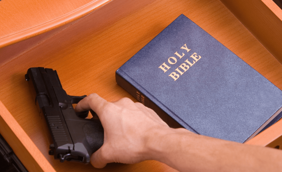 A picture of a gun next to a Bible to introduce an article analyzing theologies of aggression