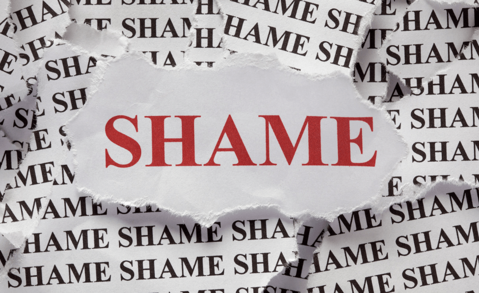 the word "shame" on a background of torn up words that say shame to introduce an article on purity culture's unhealthy shame emphasis