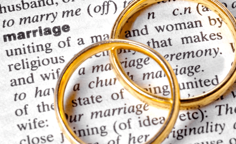 a picture of wedding rings with a definition of religious marriage to introduce an article on the retracted piece from TGC on a twisted theology of sex