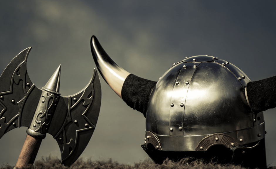 A Viking helmet and axe to introduce an article on the "Viking and victim" mindset