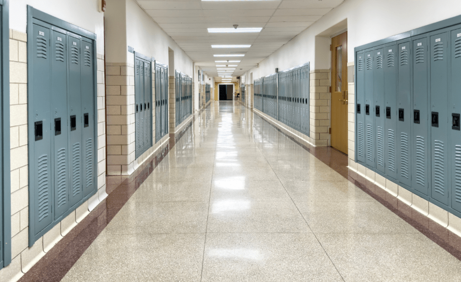 Picture of a school hallway to introduce an article on the Nashville school shooting and the danger of a single story